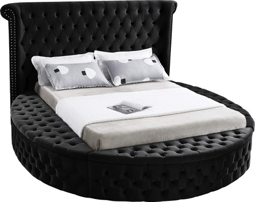 Luxus Collection Modern | Contemporary Round Shaped Velvet Upholstered Bed with Deep Button Tufting and Footboard Storage, Full, Black