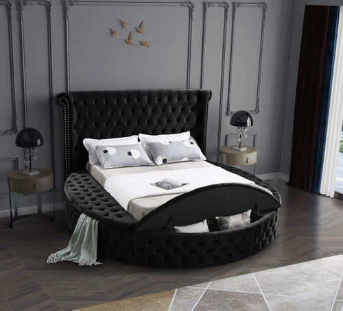 Luxus Collection Modern | Contemporary Round Shaped Velvet Upholstered Bed with Deep Button Tufting and Footboard Storage, Full, Black