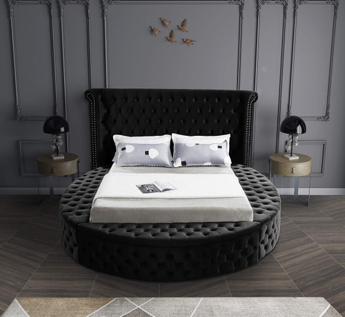 Luxus Collection Modern | Contemporary Round Shaped Velvet Upholstered Bed with Deep Button Tufting and Footboard Storage, Full, Black