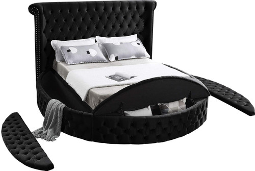Luxus Collection Modern | Contemporary Round Shaped Velvet Upholstered Bed with Deep Button Tufting and Footboard Storage, Full, Black