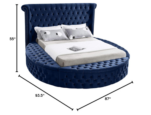 Luxus Collection Modern | Contemporary Round Shaped Velvet Upholstered Bed with Deep Button Tufting and Footboard Storage, Full, Navy