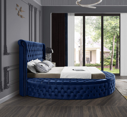 Luxus Collection Modern | Contemporary Round Shaped Velvet Upholstered Bed with Deep Button Tufting and Footboard Storage, Full, Navy