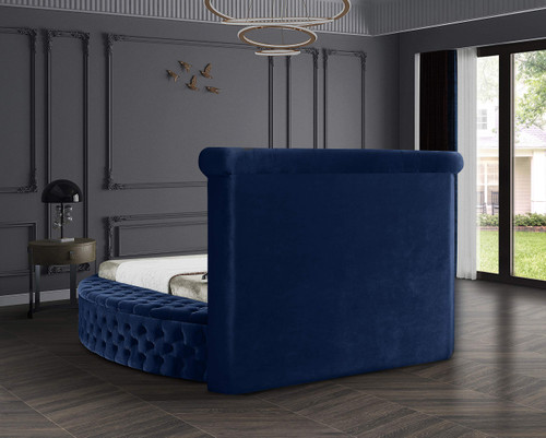 Luxus Collection Modern | Contemporary Round Shaped Velvet Upholstered Bed with Deep Button Tufting and Footboard Storage, Full, Navy