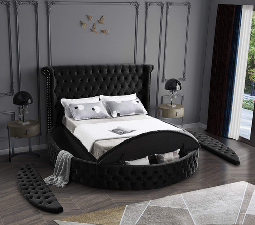 Luxus Collection Modern | Contemporary Round Shaped Velvet Upholstered Bed with Deep Button Tufting and Footboard Storage, Queen, Black