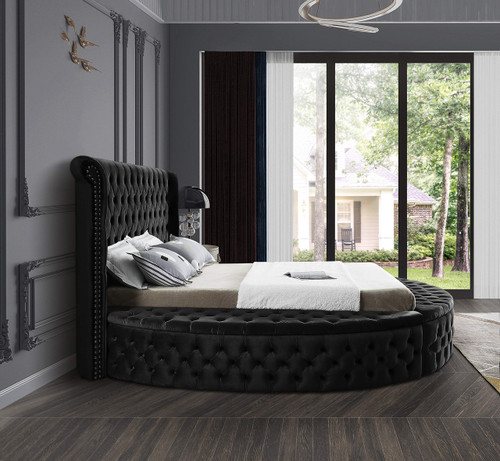 Luxus Collection Modern | Contemporary Round Shaped Velvet Upholstered Bed with Deep Button Tufting and Footboard Storage, Queen, Black
