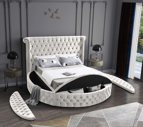 Luxus Collection Modern | Contemporary Round Shaped Velvet Upholstered Bed with Deep Button Tufting and Footboard Storage, Queen, Cream