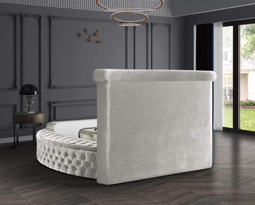 Luxus Collection Modern | Contemporary Round Shaped Velvet Upholstered Bed with Deep Button Tufting and Footboard Storage, Queen, Cream