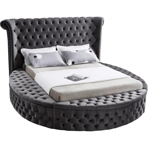 Luxus Collection Modern | Contemporary Round Shaped Velvet Upholstered Bed with Deep Button Tufting and Footboard Storage, Queen, Grey