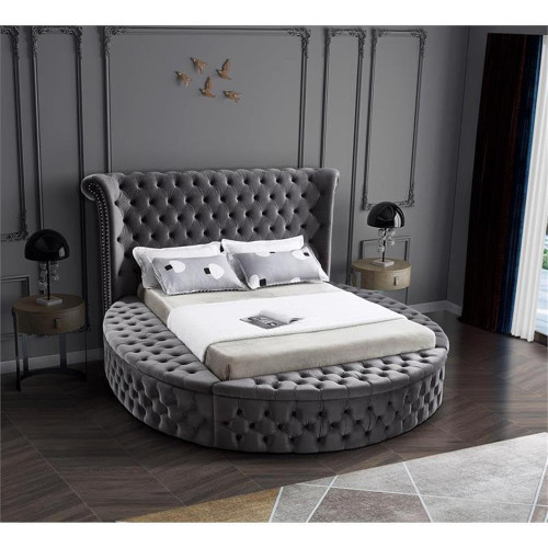 Luxus Collection Modern | Contemporary Round Shaped Velvet Upholstered Bed with Deep Button Tufting and Footboard Storage, Queen, Grey