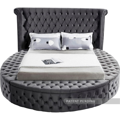 Luxus Collection Modern | Contemporary Round Shaped Velvet Upholstered Bed with Deep Button Tufting and Footboard Storage, Queen, Grey