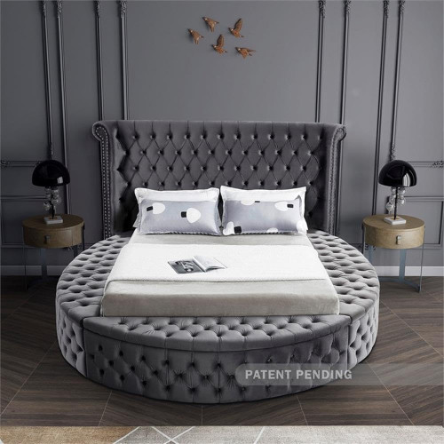 Luxus Collection Modern | Contemporary Round Shaped Velvet Upholstered Bed with Deep Button Tufting and Footboard Storage, Queen, Grey