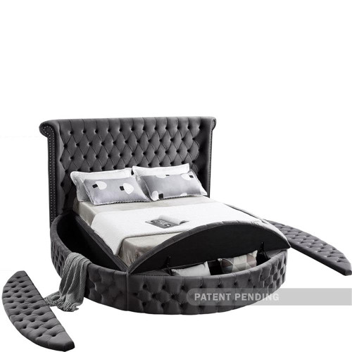 Luxus Collection Modern | Contemporary Round Shaped Velvet Upholstered Bed with Deep Button Tufting and Footboard Storage, Queen, Grey