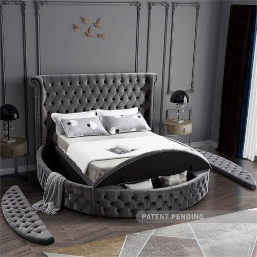Luxus Collection Modern | Contemporary Round Shaped Velvet Upholstered Bed with Deep Button Tufting and Footboard Storage, Queen, Grey