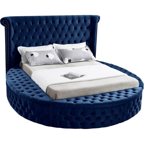 Luxus Collection Modern | Contemporary Round Shaped Velvet Upholstered Bed with Deep Button Tufting and Footboard Storage, Queen, Navy