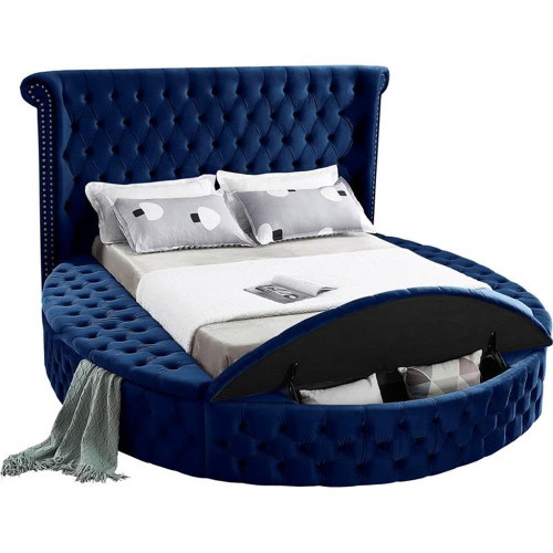 Luxus Collection Modern | Contemporary Round Shaped Velvet Upholstered Bed with Deep Button Tufting and Footboard Storage, Queen, Navy
