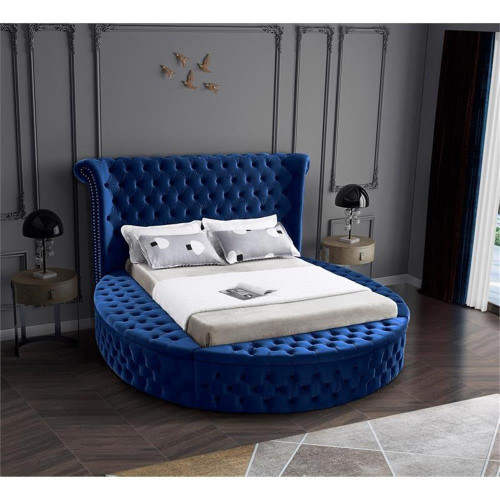 Luxus Collection Modern | Contemporary Round Shaped Velvet Upholstered Bed with Deep Button Tufting and Footboard Storage, Queen, Navy