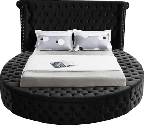 Luxus Collection Modern | Contemporary Round Shaped Velvet Upholstered Bed with Deep Button Tufting and Footboard Storage, King, Black