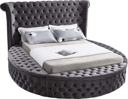 Luxus Collection Modern Contemporary Round Shaped Velvet Upholstered Bed with Deep Button Tufting and Footboard Storage, King, Grey