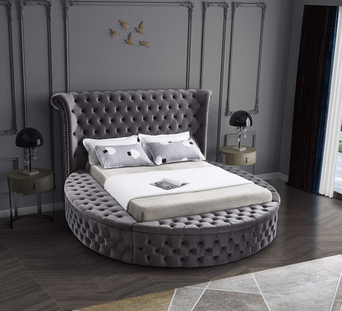 Luxus Collection Modern Contemporary Round Shaped Velvet Upholstered Bed with Deep Button Tufting and Footboard Storage, King, Grey