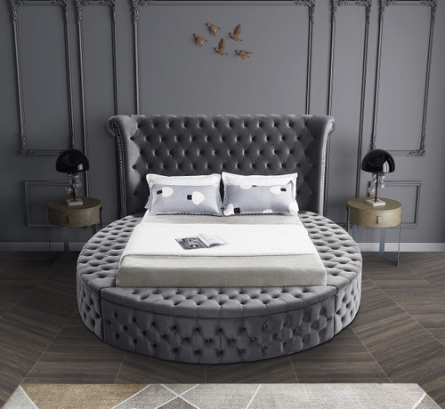 Luxus Collection Modern Contemporary Round Shaped Velvet Upholstered Bed with Deep Button Tufting and Footboard Storage, King, Grey