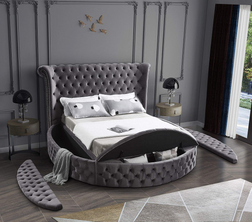Luxus Collection Modern Contemporary Round Shaped Velvet Upholstered Bed with Deep Button Tufting and Footboard Storage, King, Grey