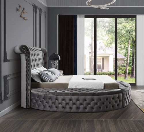 Luxus Collection Modern Contemporary Round Shaped Velvet Upholstered Bed with Deep Button Tufting and Footboard Storage, King, Grey
