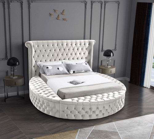 Luxus Collection Modern | Contemporary Round Shaped Velvet Upholstered Bed with Deep Button Tufting and Footboard Storage, King, Cream