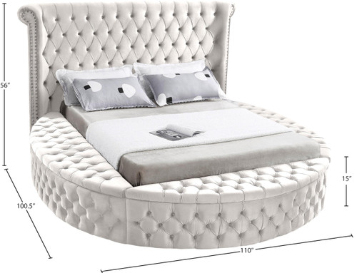 Luxus Collection Modern | Contemporary Round Shaped Velvet Upholstered Bed with Deep Button Tufting and Footboard Storage, King, Cream
