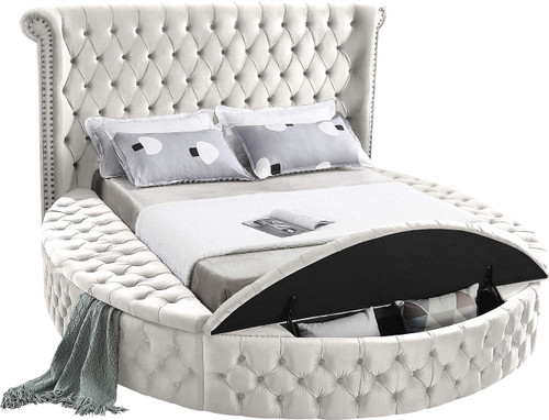 Luxus Collection Modern | Contemporary Round Shaped Velvet Upholstered Bed with Deep Button Tufting and Footboard Storage, King, Cream