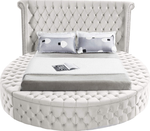 Luxus Collection Modern | Contemporary Round Shaped Velvet Upholstered Bed with Deep Button Tufting and Footboard Storage, King, Cream