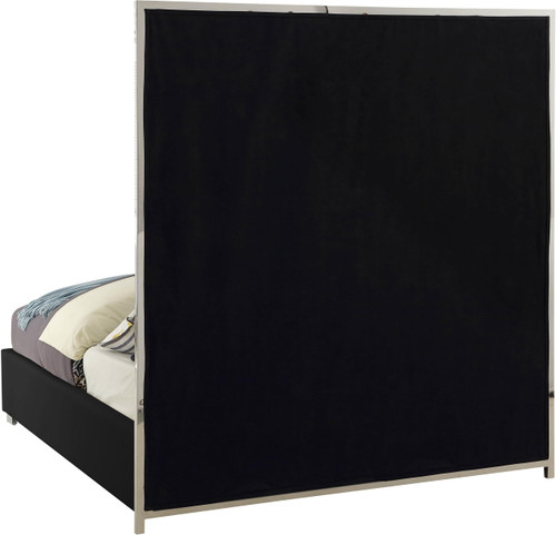 MilanBlack-Q Milan Collection Modern Contemporary Vegan Leather Upholstered Bed, Custom Chrome Metal Legs, Geometric Designed Headboard, 65.5" W x 84.5" D x 70" H, Black, Queen