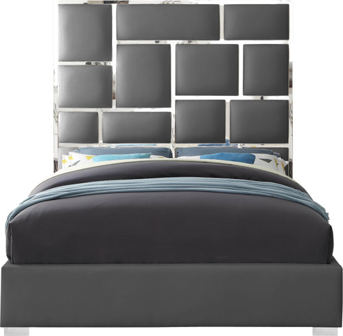MilanGrey-Q Milan Collection Modern Contemporary Vegan Leather Upholstered Bed, Custom Chrome Metal Legs, Geometric Designed Headboard, 65.5" W x 84.5" D x 70" H, Grey, Queen
