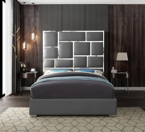 MilanGrey-Q Milan Collection Modern Contemporary Vegan Leather Upholstered Bed, Custom Chrome Metal Legs, Geometric Designed Headboard, 65.5" W x 84.5" D x 70" H, Grey, Queen