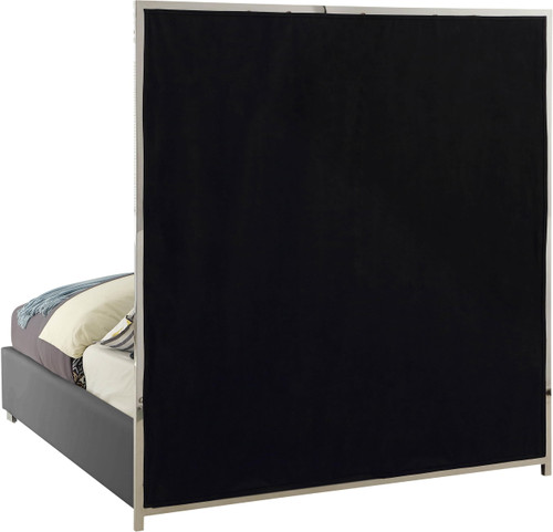 MilanGrey-Q Milan Collection Modern Contemporary Vegan Leather Upholstered Bed, Custom Chrome Metal Legs, Geometric Designed Headboard, 65.5" W x 84.5" D x 70" H, Grey, Queen
