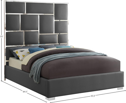 MilanGrey-Q Milan Collection Modern Contemporary Vegan Leather Upholstered Bed, Custom Chrome Metal Legs, Geometric Designed Headboard, 65.5" W x 84.5" D x 70" H, Grey, Queen