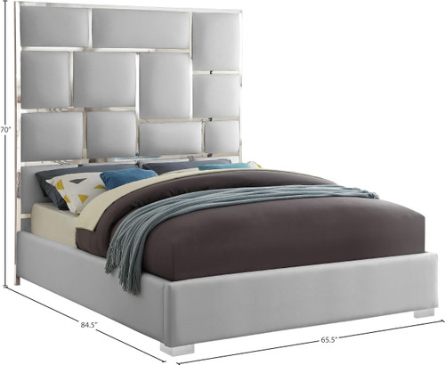 MilanWhite-Q Milan Collection Modern Contemporary Vegan Leather Upholstered Bed, Custom Chrome Metal Legs, Geometric Designed Headboard, 65.5" W x 84.5" D x 70" H, White, Queen
