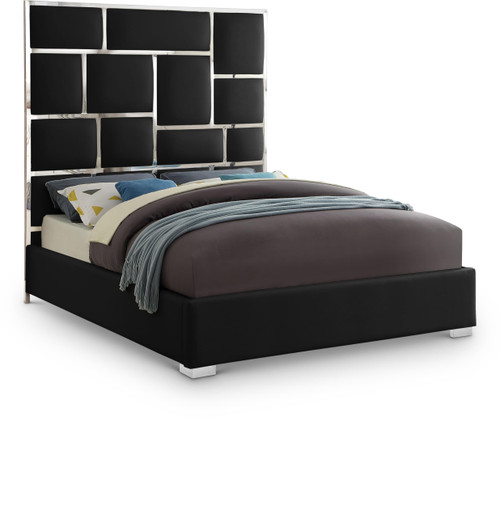 MilanBlack-K Milan Collection Modern Contemporary Vegan Leather Upholstered Bed, Custom Chrome Metal Legs, Geometric Designed Headboard, 81.5" W x 84.5" D x 70" H, Black, King