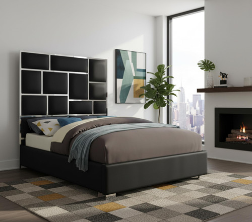 MilanBlack-K Milan Collection Modern Contemporary Vegan Leather Upholstered Bed, Custom Chrome Metal Legs, Geometric Designed Headboard, 81.5" W x 84.5" D x 70" H, Black, King