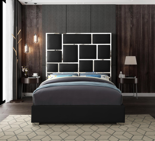 MilanBlack-K Milan Collection Modern Contemporary Vegan Leather Upholstered Bed, Custom Chrome Metal Legs, Geometric Designed Headboard, 81.5" W x 84.5" D x 70" H, Black, King