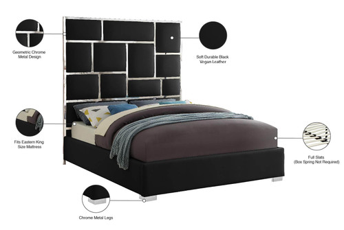 MilanBlack-K Milan Collection Modern Contemporary Vegan Leather Upholstered Bed, Custom Chrome Metal Legs, Geometric Designed Headboard, 81.5" W x 84.5" D x 70" H, Black, King