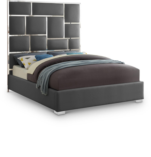 MilanGrey-K Milan Collection Modern Contemporary Vegan Leather Upholstered Bed, Custom Chrome Metal Legs, Geometric Designed Headboard, 81.5" W x 84.5" D x 70" H, Grey, King
