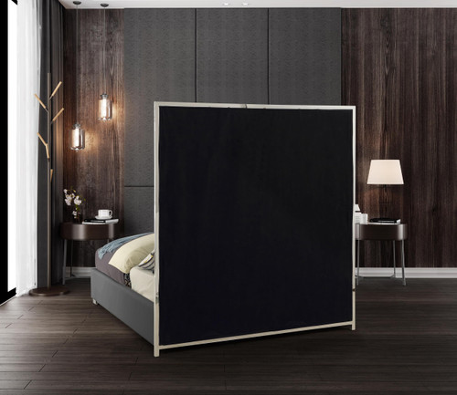 MilanGrey-K Milan Collection Modern Contemporary Vegan Leather Upholstered Bed, Custom Chrome Metal Legs, Geometric Designed Headboard, 81.5" W x 84.5" D x 70" H, Grey, King