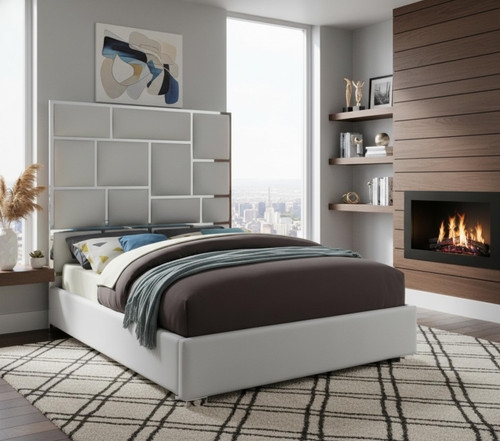 MilanWhite-K Milan Collection Modern Contemporary Vegan Leather Upholstered Bed, Custom Chrome Metal Legs, Geometric Designed Headboard, 81.5" W x 84.5" D x 70" H, White, King