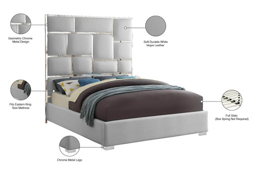 MilanWhite-K Milan Collection Modern Contemporary Vegan Leather Upholstered Bed, Custom Chrome Metal Legs, Geometric Designed Headboard, 81.5" W x 84.5" D x 70" H, White, King
