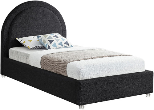 MiloBlack-T Milo Collection Modern | Contemporary Boucle Fabric Upholstered Bed with Brass Nailheads and Brass Cap on Legs, 44" W x 81.5" D x 48" H, Black, Twin