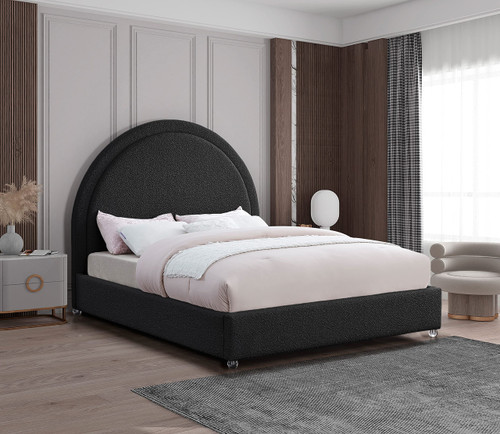 MiloBlack-F Milo Collection Modern | Contemporary Boucle Fabric Upholstered Bed with Brass Nailheads and Brass Cap on Legs, 59" W x 81.5" D x 56" H, Black, Full