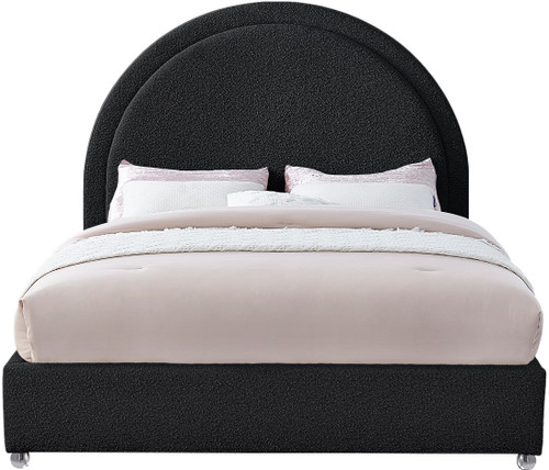 MiloBlack-F Milo Collection Modern | Contemporary Boucle Fabric Upholstered Bed with Brass Nailheads and Brass Cap on Legs, 59" W x 81.5" D x 56" H, Black, Full