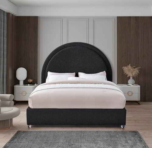 MiloBlack-F Milo Collection Modern | Contemporary Boucle Fabric Upholstered Bed with Brass Nailheads and Brass Cap on Legs, 59" W x 81.5" D x 56" H, Black, Full