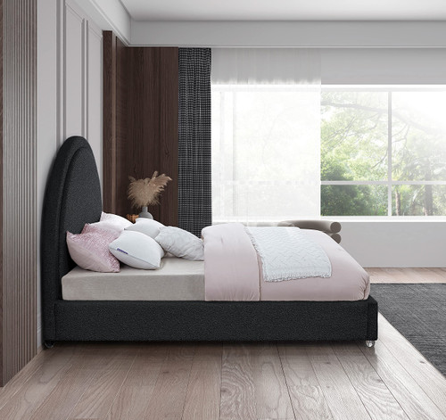 MiloBlack-F Milo Collection Modern | Contemporary Boucle Fabric Upholstered Bed with Brass Nailheads and Brass Cap on Legs, 59" W x 81.5" D x 56" H, Black, Full