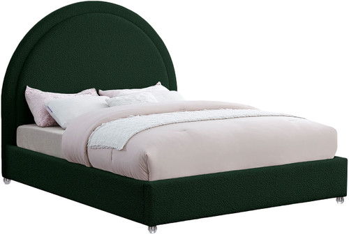 MiloGreen-F Milo Collection Modern | Contemporary Boucle Fabric Upholstered Bed with Brass Nailheads and Brass Cap on Legs, 59" W x 81.5" D x 56" H, Green, Full